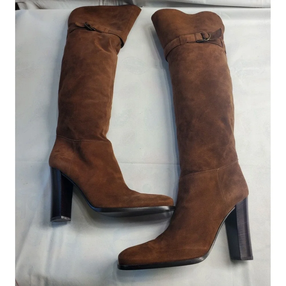 Sergio Rossi Size UK 39.5 Brown Over Knee Pull On Boots Suede Made In Italy‎